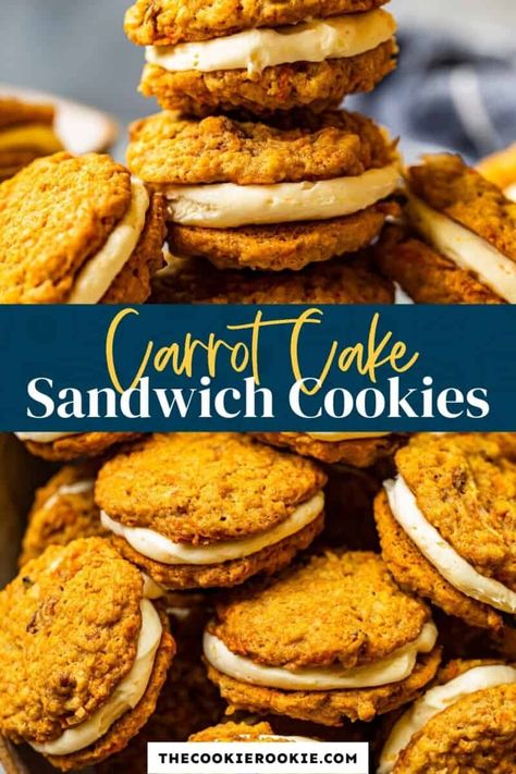 Carrot Cake Sandwich Cookies, Cake Sandwich, Carrot Cake Cookies, Cookie Sandwiches, Cake Cookie, Crinkle Cookies, Carrot Cake Recipe, Keto Cookies, Food Videos Desserts