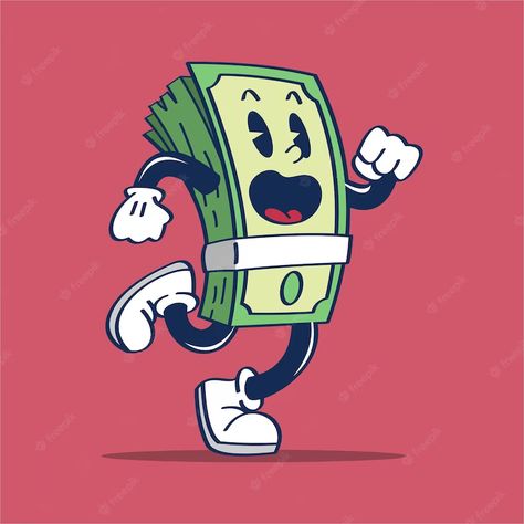 Vintage Money Illustration, Money Graphic Design Illustration, Money Cartoon Drawing, Retro Cartoon Art, Retro Cartoon Illustration, Money Character, Running Character, Cartoon Packaging, Popart Cartoon