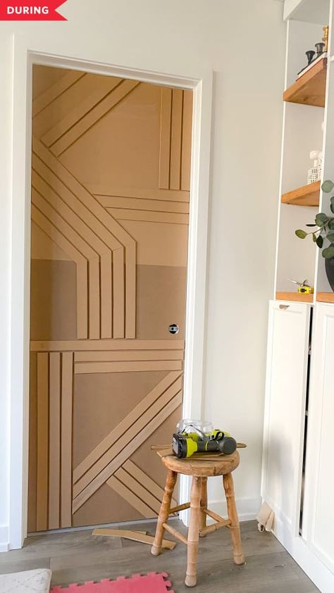 During: door being decorated with hardboard Diy Door Upgrade, Door Redo, Diy Interior Doors, Deur Sticker, Barn Door Designs, Modern Barn Door, Halloween Door Decorations, Diy Barn Door, White Doors