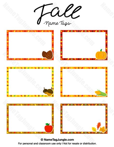 Free printable fall name tags. The template can also be used for creating items like labels and place cards. Download the PDF at http://nametagjungle.com/name-tag/fall/ Fall Name Tags, Preschool Name Tags, Cubby Name Tags, Fall Labels, Cubby Tags, Classroom Name Tags, Name Tag For School, Preschool Names, Name Tag Templates