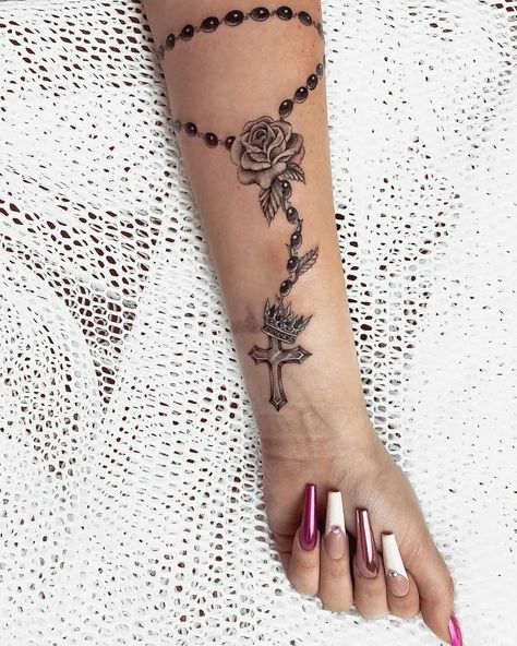 41 Divine Rosary Tattoo Designs: Channeling Spiritual Elegance in Ink - Psycho Tats Rose Butterfly Rosary Tattoo, Tatoos Woman Rosary, Delicate Rosary Tattoo, Rosary Tattoo On Hand Women, Tattoo Ideas Female Rosary, Rosary Heart Tattoo, Rosary On Foot Tattoo, Rosery Beads Tattoo Stencil, Rose Mary Tattoo