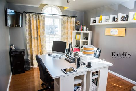 Split Home Office Space, Home Office Double Desk Small Spaces, Office For Two Standing Desk, Tiny Office For Two, Home Office Two Desks Back To Back, Facing Desks Home Office, Sharing Home Office With Husband, Home Office Two Desks Facing Each Other, Dueling Desks