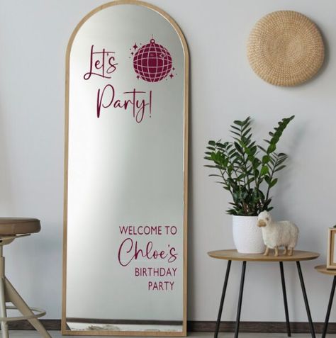 * Vinyl stickers to create your own birthday mirror * Includes the following :  (all sizes are approximate)   -  Let's - 18cm wide x 18cm tall   -  Party! - 28cm wide x 20cm tall   -  WELCOME TO .... BIRTHDAY PARTY - 28cm wide x 35cm tall    -  Disco Ball - 24cm wide x 24cm tall * If you would like to see how the wording would look on your mirror, please message us with the size of your mirror and we can send a preview.  We cannot be responsible for the vinyls not being the correct size for your Selfie Mirror Party, Mirror With Decal, Disco Party Welcome Sign, Birthday Mirror Message, Mirror Party Sign, Disco Blackout, Text On Mirror, Words On Mirror, Birthday Mirror