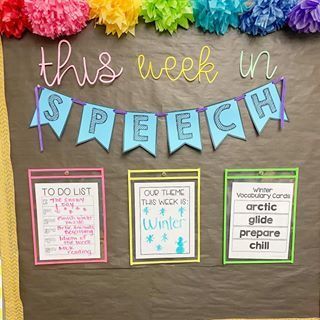 Speech Board Ideas, Speech Folders For Students, Speech Therapy Student Folders, Speech Therapy Room Themes, Small Speech Therapy Room, Welcome To Speech Therapy Bulletin Board, Slp Puns, Speech And Language Bulletin Boards, Speech Room Bulletin Boards