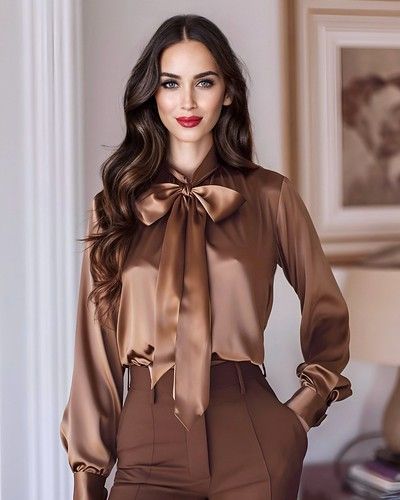 Bow For Blouse, Satin Shirts, Satin Pants, Shiny Clothes, Satin Blouses, Bow Blouse, Brown Silk, Satin Shirt, Satin Blouse