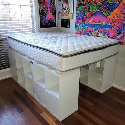 Christian Nesbitt | DIY Storage Loft Bed #apartmentliving #apartmentstorage #dormliving #dormstorage | Instagram Bed With Den Underneath, Diy Kallax Bed, Storage Cube Bed Frame Queen Diy, Cubby Bed Frame Diy, Bed On Cube Storage, Cube Shelf Bed Frame Diy, Diy Bed With Drawers Underneath, Lifted Bed Ideas, Cube Shelf Bed