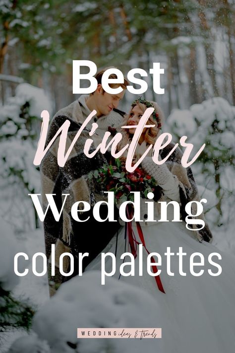 Winter weddings are absolutely stunning. Snow on the ground, sparkling lights everywhere, and a moody vibe — it’s all so romantic! One of the most important things (in my opinion!) to make sure you are in control of your winter wedding decorations is by choosing a great color scheme to work with. Check out our inspo for modern winter wedding color palettes, from a classic winter wonderland, rustic Christmas colors, and cozy and magical moody winter. Gray Winter Wedding Colors, Winter Wedding 2023 Colors, Weddings In January Ideas, Wedding Color Schemes For February, Wedding Decor Winter Theme, Winter Color Wedding Ideas, Wedding Party Colors Winter, Colors For Winter Wedding, Winter Color Schemes Wedding