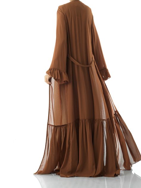 Brown Tiered ruffle chiffon maxi cardigan Kabayare Luxury Flowy Maxi Dress With Sheer Sleeves, Luxury Silk Chiffon Maxi Dress With Sheer Sleeves, Luxury Flowy Long Dress Kaftan, Luxury Chiffon Maxi Length Kaftan, Luxury Chiffon Maxi Dress With Draped Sleeves, Luxury Chic Georgette Chiffon Dress, Luxury Silk Chiffon Maxi Gown, Luxury Maxi Length Kimono For Eid, Luxury Long Sleeve Flowy Kaftan