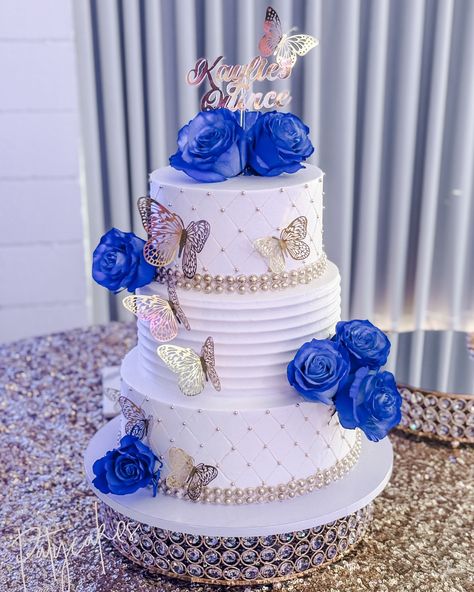 Kaylie’s Quince 🫶🏼💙✨ 💙 💙 💙 💙 Flowers: @casa_blanca_flowers Venue: @oxnardpacc #quincecake #smallbusiness #localbusiness #bakery #oxnard #opac #oxnardbakery #805bakery Quince Cake Designs, Blue Quince Cake, Royal Blue Quince Cake, Blue Butterfly Quinceanera Theme, Quince Cake Ideas, Cake Royal Blue, Butterfly Quinceanera Theme, Quince Flowers, Royal Blue Cake