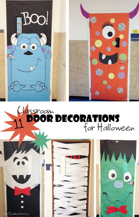 Easy Classroom Door Decorations for Halloween | Attention room moms and school volunteers! Check out these fun ideas for decorating classroom doors this season. {OneCreativeMommy.com} Decorating Classroom Doors, Door Decorations For Halloween, Halloween Door Decorations Classroom, Porta Halloween, Decorating Classroom, Classroom Door Decorations, Monster Door, Halloween Classroom Door, Frog Craft