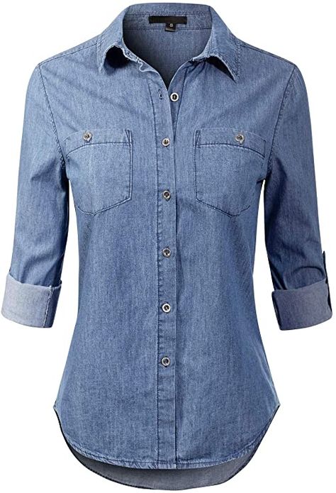 Design by Olivia Women's Basic Classic Roll up Sleeve Button Down Chambray Denim Shirt : Clothing, Shoes & Jewelry Light Denim Shirt, Chambray Denim Shirt, Denim Shirt With Jeans, Women's Button Down Shirt, Roll Up Sleeves, Womens Basic, Chambray Shirt, Light Denim, Amazon Women