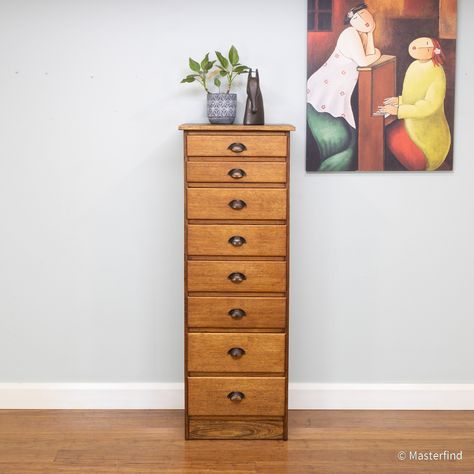 7433V - Antique Vintage Oak Chest of Drawers x 8 / Tall Lingerie Drawers | Masterfind Tallboy Dresser, Oak Chest Of Drawers, Lingerie Drawer, Floor Space, Chest Of Drawers, Solid Oak, Antique Vintage, Vintage House, Retro Vintage