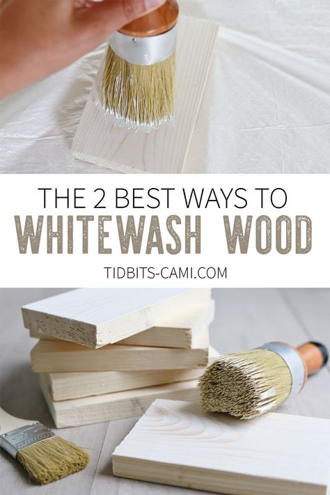 How to Whitewash Wood | 2 Techniques to Get the Look. Find out why pine is the best choice for whitewashed wood. #camitidbits #whitewash #whitewashwood #pinewood #whitewashedpine #diy #diywhitewash #painting #staining #picklingstain How To White Wash Pine Wood, Whitewashed Pine Furniture, How To White Wash Wood Diy, White Wash Pickling Stain Wood, Whitewash Pine Furniture, Whitewash Pine Wood, White Washed Pine Furniture, Whitewash Dining Table Diy, How To Paint Wash Wood