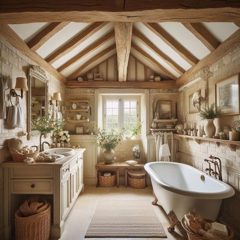 French Country Bathroom Exposed Beam French Styled Bathroom, Cottage Bathrooms Country, French Farmhouse Bathroom Ideas, Modern French Country Bathroom, Country French Bathroom, French Country Cabin, French Country Bathroom Ideas, English Country Bathroom, Country Bathroom Ideas