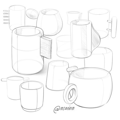 Cups Design Cup Designs Drawing, Pottery Design Sketch, Cup Sketch Drawings, Pottery Sketch, Gadgets Drawing, Cup Sketch, Pottery Drawing, Drawing Cup, Basic Sketching