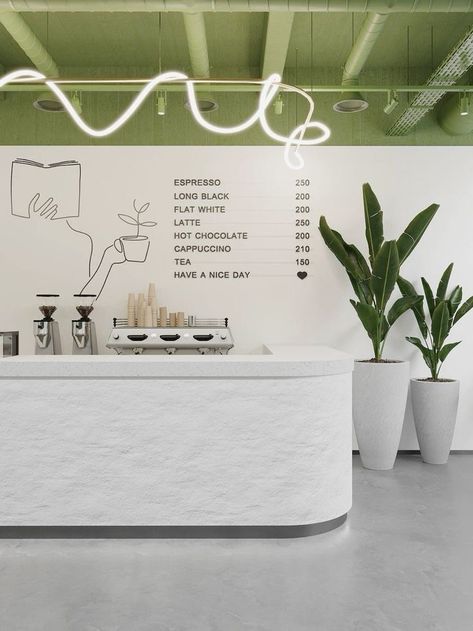 Healthy Cafe Interior, Tea Store Design, Vitrine Design, Matcha Cafe, Green Cafe, Small Coffee Shop, Bakery Design Interior, White Cafe, Coffee Shop Interior Design