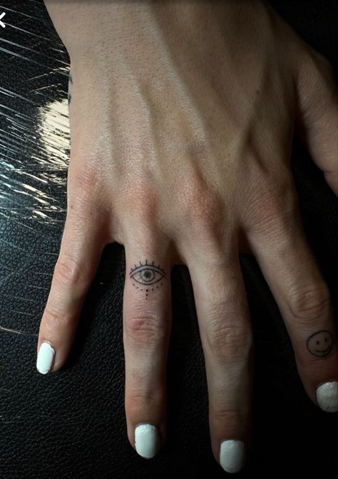 Small Eye Finger Tattoo, Old Finger Tattoo, Eyeball Finger Tattoo, Small Evil Eye Tattoo Finger, Tiny Eye Tattoo, Eye On Finger Tattoo, Finger Eye Tattoo, Evil Eye Finger Tattoos For Women, Eye Tattoo On Finger