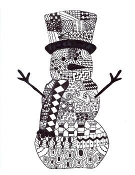 Doodle Christmas Art, Snowman Mandala Art, Winter Art Lessons For Middle School, Zentangle Snowman, Snowflake Zentangle, Zentangle Christmas Cards, Winter Zentangle, Christmas Zentangle Patterns, Winter Doodles