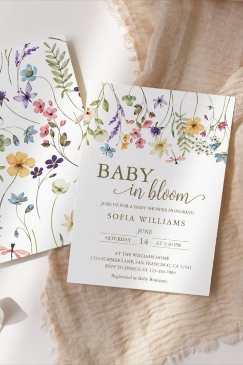 Wildflowers Baby in Bloom Baby Shower Invitation Baby in Bloom baby shower invitation features pretty blooms and script text. Personalize with your details! #babyshower #babyshowersgifts #babyshowercards #babyshowerparty #newborn #floral #wildflower Girl Baby Shower Wildflower Theme, Baby Girl Shower Themes Spring, Baby In Bloom Girl Shower Ideas, A Baby Is Blooming Baby Shower Ideas, Blooming Baby Shower Theme, Baby I’m Bloom Baby Shower Theme, Floral Theme Baby Shower Ideas, Baby In Bloom Baby Shower Theme, Garden Party Baby Shower Ideas