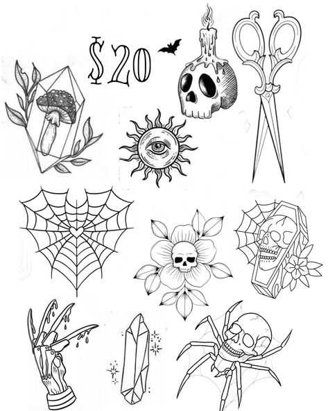 Small Horror Movie Tattoos Flash, Goth Flash Tattoo, Goth Tattoo Flash Sheet, Horror Flash, Friday The 13th Tattoo, Horror Movie Tattoos, Flash Sheets, Tattoo Apprenticeship, 13 Tattoos