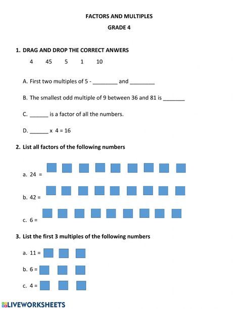 Factors and multiples Interactive worksheet Factors And Multiples Worksheet, Multiples Worksheet, Grade 5 Math Worksheets, Number Sense Worksheets, Math Multiplication Worksheets, Mental Maths Worksheets, Common Multiples, Factors And Multiples, Back To School Worksheets