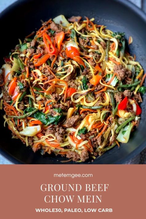 Ground Beef Chow Mein {Whole30} - Metemgee.  Try this delicious dish tonight!  #Whole30 #Whole30Recipes Ground Beef Chow Mein, Whole30 Ground Beef, Guyanese Food, Ground Beef Recipes Low Carb, Beef Recipes Low Carb, Beef Chow Mein, Guyanese Recipes, Chow Mein Recipe, Chicken Chow Mein