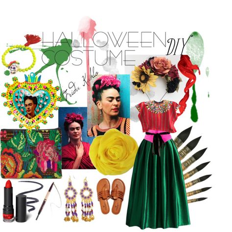 Halloween Costume DIY: Frida Kahlo by leeloominailekataribalaminatchai on Polyvore featuring Chicwish, American Eagle Outfitters, Stela 9, N2 By Les Nereides, Carolina Herrera, Monki, L'OrÃ©al Paris, tarte, Isabey and FRIDA Mexican Fiesta Party Outfit, Frida Kahlo Halloween, Mexico Party, Mexican Fiesta Party, Diy Halloween Costumes For Women, Mexican Party Theme, Couple Costumes, Costume Diy, Mexican Party