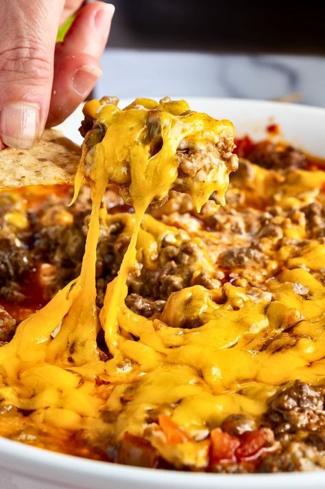 5-Ingredient Football Dip: Ready In 35 Minutes - Tastilly Meat Dip, Hamburger Taco, Crockpot Dips, Football Dip, Hamburger Dip, Football Dips, Keto Dip, Salsa Dips, Taco Dishes