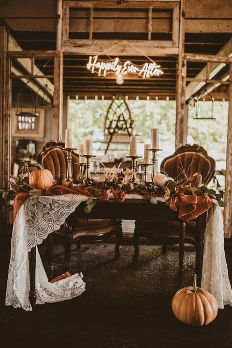 Bride And Groom Only Table, Fall Warehouse Wedding, Bride And Groom Table Western, Bridal Party Outfits Getting Ready Fall, Fall Bride And Groom Table, Fall Head Table Wedding Decorations, Pumpkin Wedding Decor, Fall Reception, Wedding Couple Table