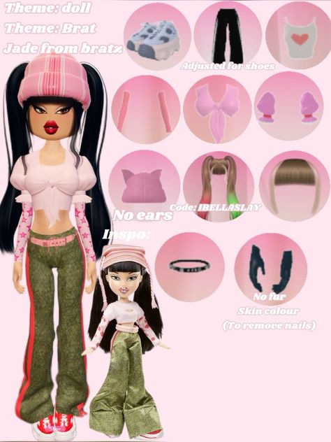 Dress to impress no gamepass doll/brat outfit - jade from bratz Bratz Dti Outfit, Brats Dress To Impress, Bratz Doll Dress To Impress, Dress To Impress Theme Brat, Bratz Dress To Impress, Brat Dress To Impress, Dresses For Dolls, Jade Bratz, Bratz Outfits