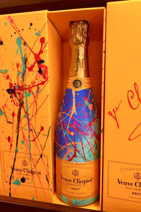 Custom Handpainted Veuve Champagne Bottle. Pop Art Paint Splatter Style in Blue and Teal with Orange and Red Colors especially from BottaBling! Hand Painted Alcohol Bottles, Vueve Champagne, Birthday Champagne Bottle, Champagne Bottle Decoration, Hand Painted Champagne Bottle, Painted Champagne Bottles, Champagne Painting, Champaign Bottle, Painted Champagne Bottle