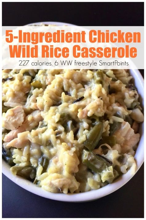 Easy healthy 5-ingredient chicken wild rice casserole is creamy comfort food at its best with just 227 calories, 6 Weight Watchers Freestyle SmartPoints! #weightwatchersrecipes #5ingredients #freestylerecipes #lowcalorierecipes #simplenourishedliving #easyhealthyrecipes #smartpoints #wwsmartpoints #wwfreestyle Weight Watchers Rice Recipes, Ww Casseroles, Chicken Wild Rice Casserole, Weight Watchers Casserole, Healthy Chicken Casserole, Chicken Wild Rice, Wild Rice Casserole, Chicken And Rice Casserole, Riced Cauliflower