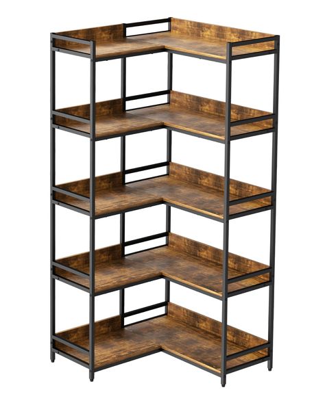 PRICES MAY VARY. ✔【ADD VISUAL CHARISMA】 Steeped in rustic style, this corner shelf with matte black frame, back fence blends functionality and self-expression together, working as a real enrichment for the lovers of industrial design furniture. This 5-shelf bookshelf is a great solution to add extra space for living room, bedroom and small apartment. ✔ 【MAXIMIZE CORNER SPACE】 Get the most out of that unused corner with this corner bookshelf. 31.5"L x 31.5"D x 69”H measurement fits nicely against Condo Aesthetic, Corner Shelf Storage, Tall Corner Shelf, Barn Office, Small House Furniture, Book Self, Corner Bookshelf, Industrial Bookcases, Corner Bookshelves