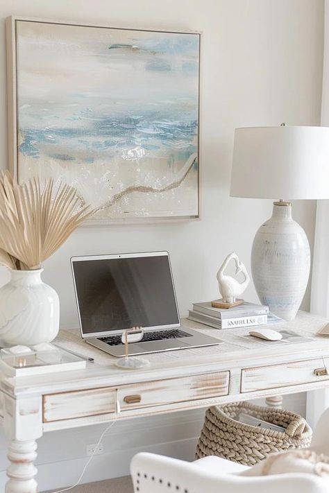 Coastal Office Decor: Revamp Your Workspace Coastal Office Ideas, Lake House Office, Beach Theme Office, Coastal Office Decor, Neutral Coastal Bedroom, Beach House Office, Coastal Country Decor, Coastal Home Office, Writing Nook