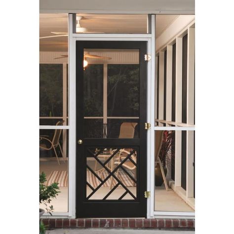 Screen Tight Chippendale Finger Joint Wood Frame Hinged Decorative Screen Door (Common: 32-in x 80-in; Actual: 32-in x 80-in) in the Screen Doors department at Lowes.com Black Screen Door Front Porches, Screened In Porch Door, Front Screen Doors, Modern Screen Door, Metal Screen Door, Black Screen Door, Screened Porch Doors, Front Door With Screen, Decorative Screen Doors