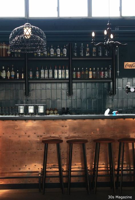 Speakeasy Restaurant Design, Small Commercial Bar Design, Modern Industrial Bar Design, Copper Bar Design, Masculine Bar Ideas, Spanish Bar Interior Design, Black And Copper Bar, Bar Cladding Ideas, Bar Reception Design