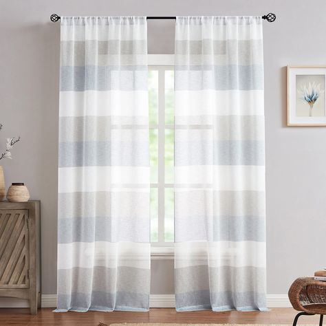 PRICES MAY VARY. Ready Made:Package includes 2 panels of striped sheer curtains,measuring 54"Wx63"L each panel.3"Rod pocket top for easy installation. Striped Pattern:Symmetrical gray,smoke blue and white color block curtains are full of contemporary and farmhouse style,which can fit in various spaces like living room,bedroom,nursery,dining room,office and so on to add a sense of aesthetics and style. Light Filtering&Airy:The striped sheer drapes allow amount of lights and fresh air flow into,ke Horizontal Striped Curtains, Linen Window Treatments, Contemporary Windows, Living Colors, Living Room Farmhouse, Window Sheers, Striped Curtains, Sheer Curtain Panels, Drape Panel