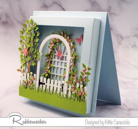 Arbor Gate, Pola Kotak, Pretty Garden, Frame Card, 3d Cards, Fancy Fold Cards, Marianne Design, Card Making Techniques, Fun Fold Cards