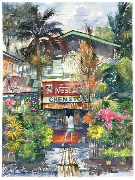 Filipino Sari Sari Store Drawing, Filipino Watercolor, Philippine Art Artworks, Philippines Aesthetic Art, Filipino Art Aesthetic, Philippines Drawing, Philippines Art, Filipino Art, Philippine Art