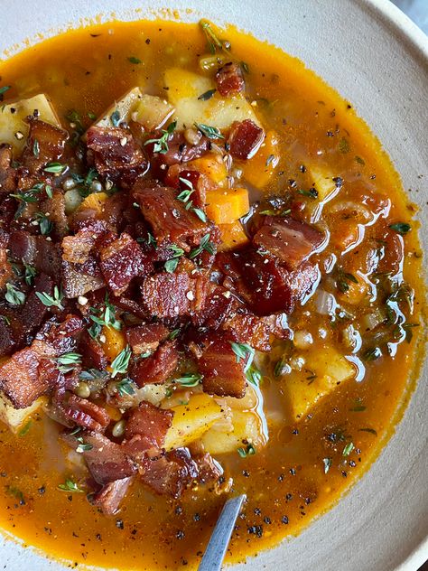 Bacon Vegetable Soup, Lentils With Bacon, Smoky Lentil Soup, French Lentil Soup Recipe, Bacon Lentil Soup Recipe, Bacon And Bean Soup, Bacon Bean Soup, Lentil Bacon Soup, French Soups Traditional