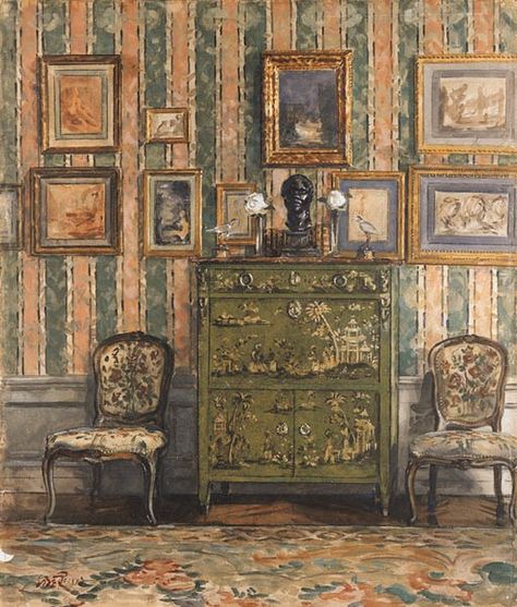 'LA SECRTAIRE EN LAQUE VERTE DE LADY MENDL', A WATERCOLOR AND GOUACHE ON PAPER, WILLIAM RANKIN, CIRCA 1920S | Christie's Green Lacquer, Victorian Room, Elsie De Wolfe, Interior Paintings, Mirrored Wall, Interior Illustration, Interior Rendering, Room Paint, Interior Art