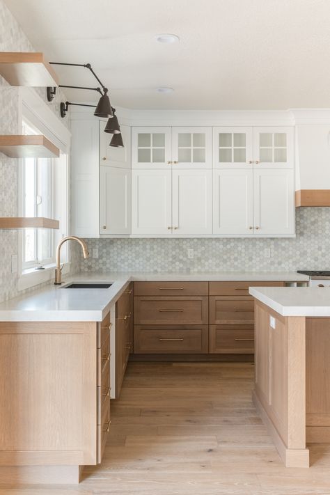 Utah's Premier Home Builder - Small White Galley Kitchen Ideas, Light Kitchen Dark Countertops, Light Brown And White Kitchen, Light Floors Kitchen, White Oak Hardwood Floors Kitchen, Kitchen Cabinets Wood And White, L Shaped Kitchens With Islands, Modern Honey Oak Kitchen, Wood Lower Cabinets White Upper