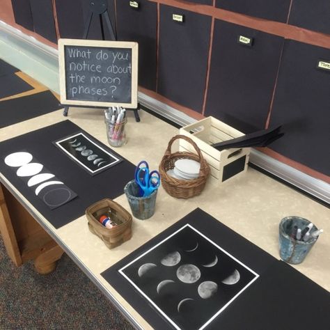 Inquiring Minds: Mrs. Myers' Kindergarten: April 2016 Reggio Space Provocations, Moon Provocation, Invitation And Provocation, Space Provocations, Space Reggio, Space Inquiry, Solar System Unit, Space Theme Preschool, Space Activities For Kids