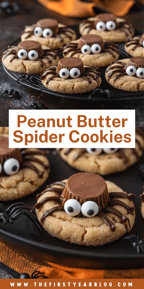 Soft and chewy peanut butter cookies topped with Reese's, melted chocolate, and candy eyes, these peanut butter spider cookies are both easy and fun to make. The perfect Halloween dessert for your next party! Peanut Butter Spider Cookies, Dessert Halloween, Halloween Cookie Recipes, Cookies Halloween, Spider Cookies, Homemade Cookie, Fall Baking Recipes, Halloween Fest, Halloween Treats For Kids