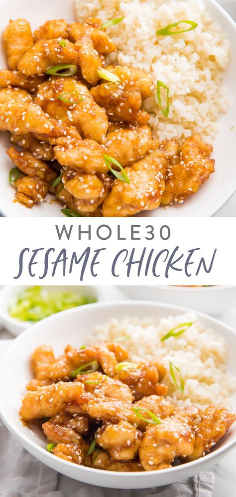 A Whole30 version of the Chinese takeout classic: crispy, tender chicken coated in a naturally sweetened sesame sauce that's just delicious. Great over cauliflower rice. Paleo, grain free, gluten free. #whole30 #paleo #chinese #dinner #chicken Paleo Sesame Chicken, Cauliflower Rice Paleo, Healthy Sesame Chicken, Clean Eating Vegetarian Recipes, Clean Eating Vegetarian, Whole30 Chicken, Sesame Chicken Recipe, Whole30 Dinners, Sesame Sauce