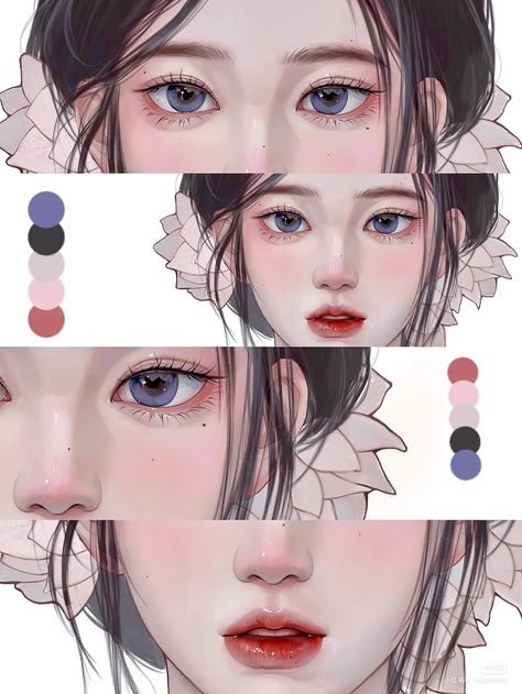 Semi Realistic Skin Color Palette, How To Color Semi Realistic Skin, How To Color Faces Digital, Surprised Mouth Drawing, Anime Eyes Digital Art, Manwha Art Style Tutorial, How To Colour Eyes, Digital Hair Drawing, Face Coloring Tutorial