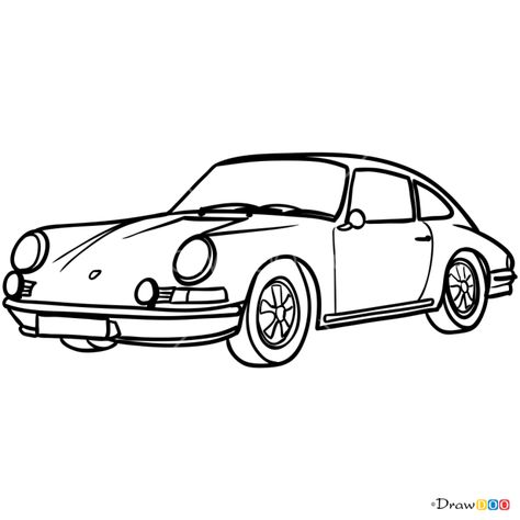 Retro Things To Draw, Easy Car Doodle, Simple Car Painting Canvas, 50s Car Drawing, Porsche Logo Drawing, Porshe Drawing Easy, Car Drawing Porsche, How To Draw A Porsche, Vintage Car Drawing Easy