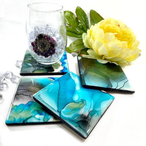 Alcohol Ink Coasters, Coaster Ideas, Beach Coasters, Epoxy Tumblers, Dust Particles, Gold Waves, Resin Artwork, Ceramic Set, Alcohol Ink Art