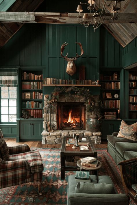 45  Dark Green Living Room Ideas to Create a Luxe Atmosphere Dark Green Velvet Sofa Living Room Ideas, Living Room With Dark Green Accents, Green Cottage Core Living Room, Dark Green And White Living Room, Dark Green House Interior, Green Maximalist Living Room, Green Reading Room, Deep Green Living Room, Dark Green Library