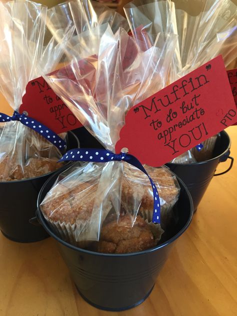 Teacher Appreciation muffin buckets Food Teacher Appreciation Gifts, Marketing Goodies, Teacher Recognition, Employee Appreciation Quotes, Referral Gifts, Teacher Coworker Gifts, Work Treats, Parent Appreciation, Teachers Appreciation Week